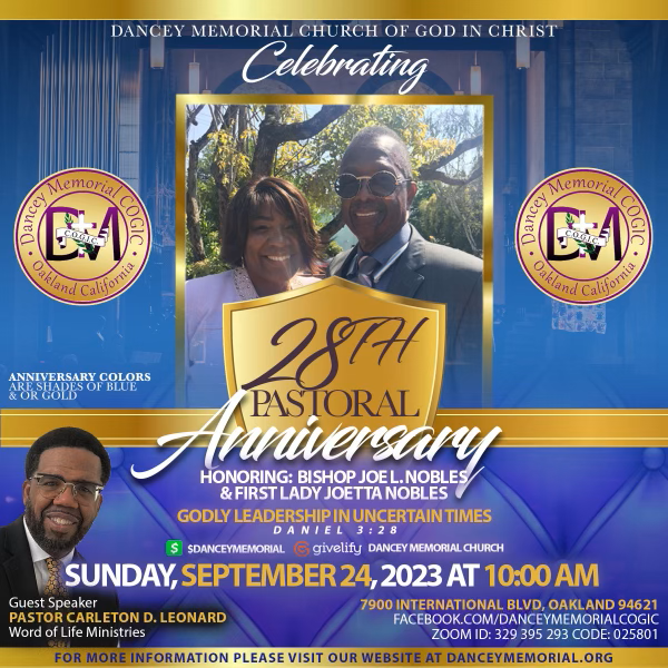 Dancey Memorial COGIC - Oakland CA - 28th Pastoral Anniversary - Sunday September 24th, 2023